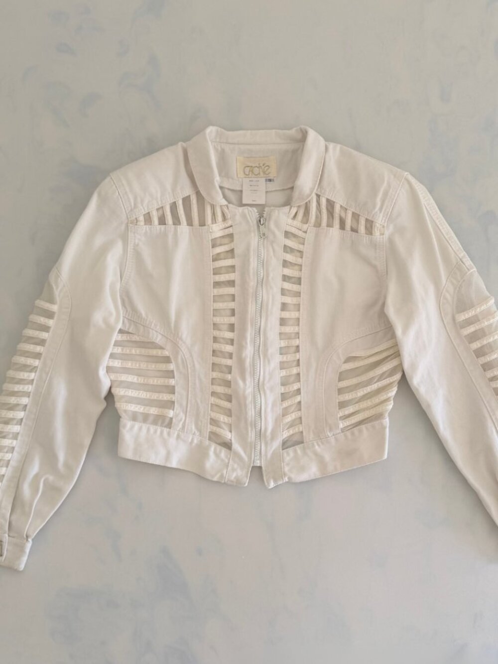 Cache White Cotton Sheer Cut Out Moto Bomber Jacket